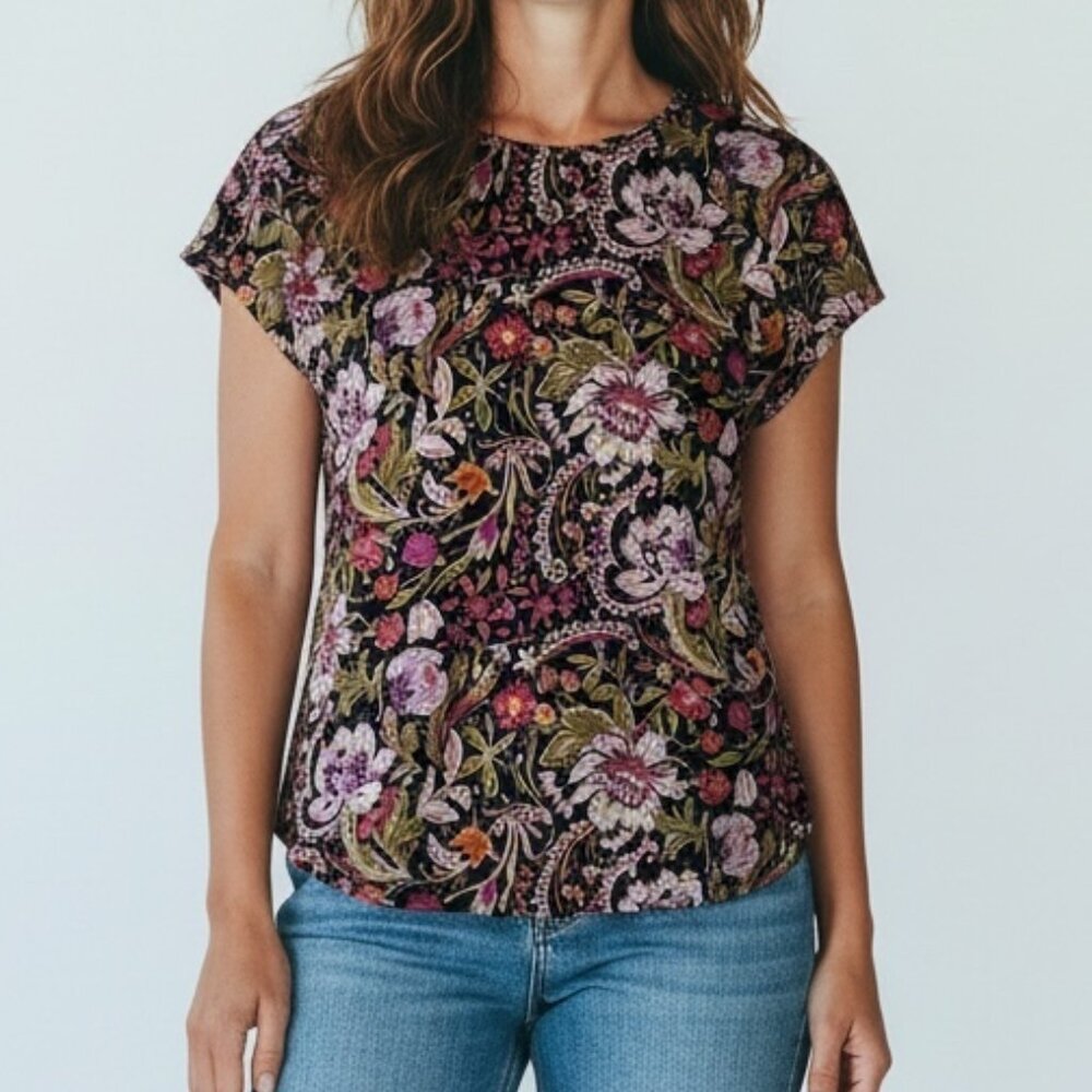 Joie Linen Floral Print Top Womens L Short Sleeve Lightweight Blouse
